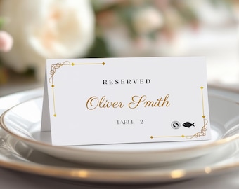 Gold Simple Place Cards Printed with Personalized Names & Meal Choice for Rehearsal Dinner Wedding or Shower, Table Number Tented, Name Card