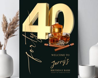 Printed and Editable Men's Whiskey & Cigar Birthday Welcome Sign Template | Editable Age | 50th,40th,60th,30th Birthday | Fathrs' Day Gift