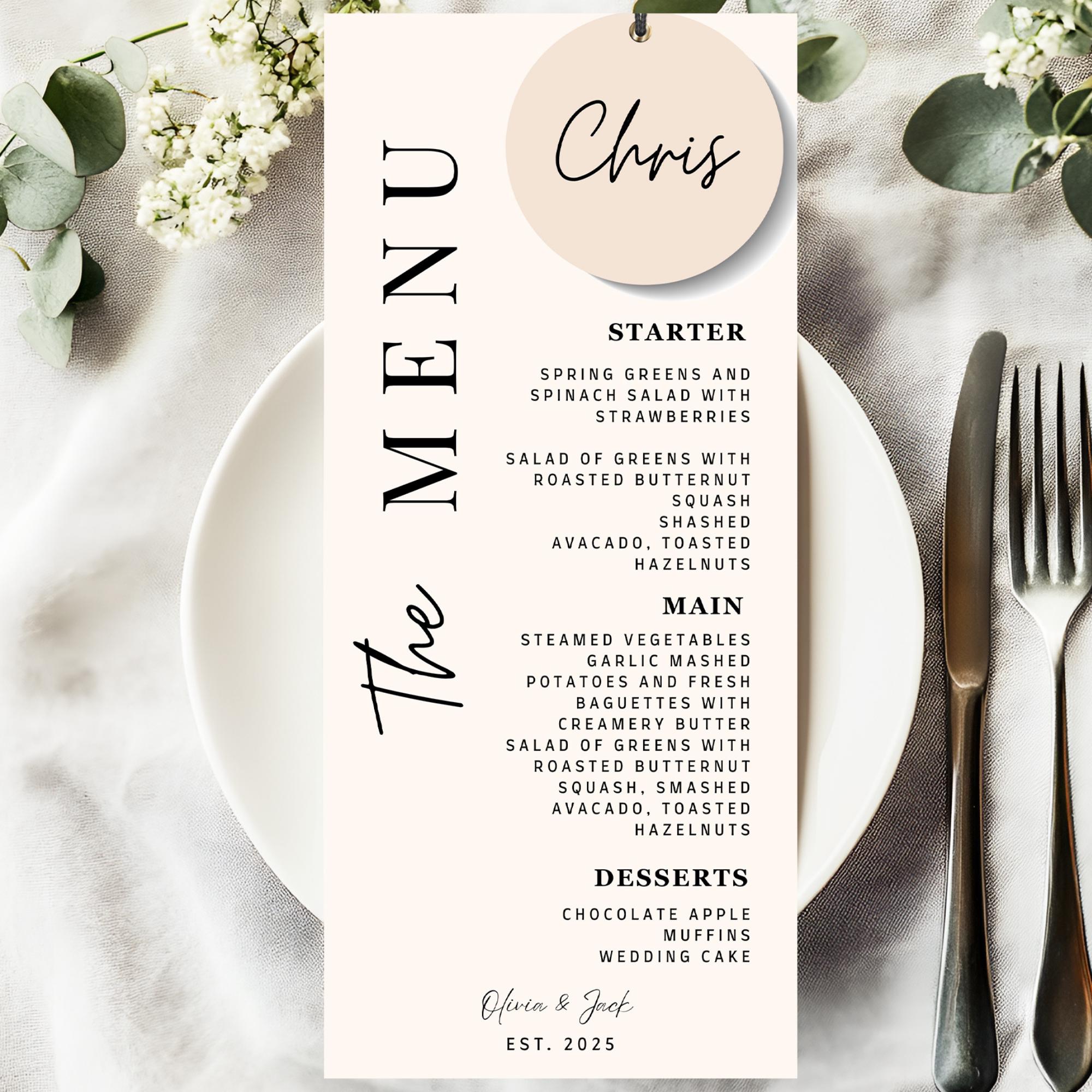 Modern Wedding Menu Place Card With Guest Name, Custom Wedding Menu ...