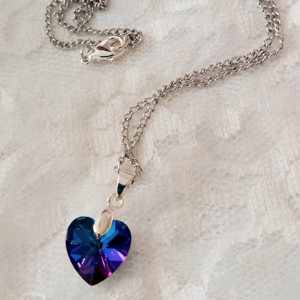 Multi-Colored Crystal Heart And Silverplated Chain Necklace