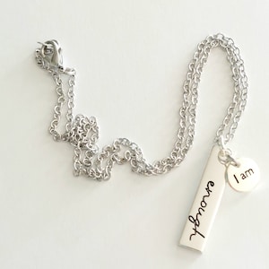 Empowering &quot;I Am Enough&quot; Engraved Silverplated Charm Necklace