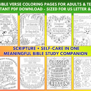May include: A set of 20 Bible verse colouring pages for adults and teens, available as an instant PDF download. The pages are sized for US Letter and A4 paper. The image includes various illustrated verses. The text on the image says "Scripture + Self-Care in One Meaningful Bible Study Companion."