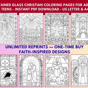 Peut inclure: Présentation de huit pages de coloriage chrétiennes en vitrail noir et blanc. Les illustrations comprennent des scènes religieuses, notamment Jésus, une colombe et une croix. Le texte en haut indique "20 STAINED GLASS CHRISTIAN COLORING PAGES FOR ADULTS & TEENS - INSTANT PDF DOWNLOAD - US LETTER & A4".