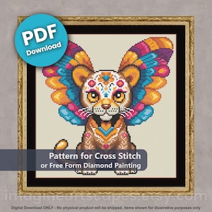 以下が含まれることがあります： カラフルなクロスステッチパターンで、翼のあるかわいいライオンが描かれています。ライオンはシュガースカルのデザインで、黄色、オレンジ、青、ピンク、紫など、明るい色に囲まれています。このパターンは、クロスステッチまたはフリーフォームダイヤモンドペイント用です。