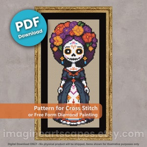La Catrina Patrón de punto de cruz contado fácil o pintura de diamantes Estilo libre PDF Obra de arte inspirada en el Día de Muertos, cubierta parcial