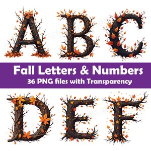 Legno autunnale dalla A alla Z, lettere e numeri da 0 a 9, 36 file PNG con sfondi trasparenti, clipart inquietanti per Halloween o lavoretti autunnali