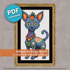 May include: A digital download pattern for cross stitch or diamond painting featuring a blue chihuahua with colourful floral and skull designs. The pattern is framed in a gold frame.