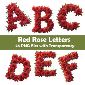 Rode roos AZ-alfabetletters, 26 png-bestanden met transparante achtergrond, monogram clipart voor gebruik in je eigen producten of projecten
