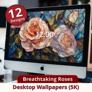 Puede incluir: Una pantalla de ordenador que muestra 12 diseños de fondos de escritorio de rosas impresionantes en resolución 5K. La imagen muestra un primer plano de tres rosas blancas con un efecto de vitral.