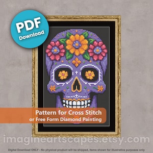 May include: A digital download pattern for cross stitch or diamond painting featuring a purple sugar skull with colorful flowers and intricate details.