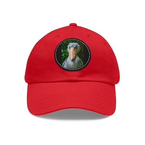 May include: Red baseball cap with a circular patch featuring a close-up image of a shoebill stork with a long, orange beak.