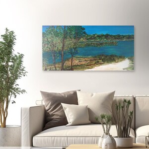 Impressionistic Landscape &quot;Peace River in Spring&quot; Acrylic Canvas Original, Pine Tree, Tabebuia Painting Wall Art Modern Living Room Decor