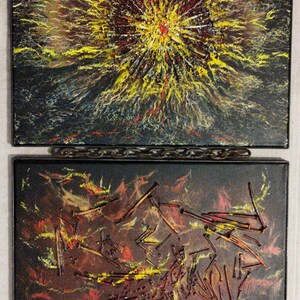 May include: Two abstract paintings on canvas. The top painting features a yellow and red sunburst on a dark background. The bottom painting features a dark brown background with a chaotic arrangement of yellow, red, and orange lines.