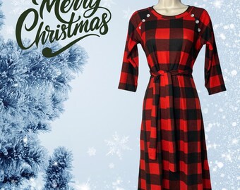 Buffalo Plaid Dress Tie Waist Button Detail Sweater Knit Winter Dress Knee Length Casual Day Fall Fashion Red Plaid Aline Dress Plus Size