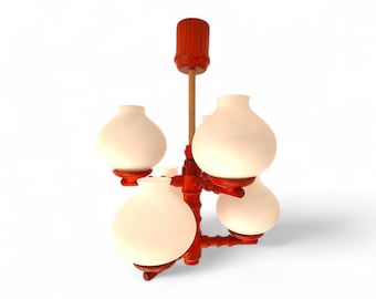 Mid-Century Modern Temde Wood Chandelier - 1970s Swiss Design Ceiling Light with 6 Opal Glass Globes - Rare Vintage Scandinavian Style Light