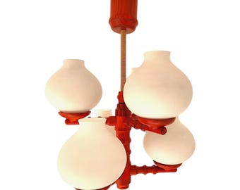 Vintage Temde chandalier, 1970s – 6 Globe Pendant Lamp in Red Wood and Opal Glass