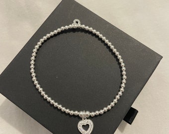 3mm 925 Sterling Silver Beaded Bracelet with heart charm. Gift for her, Mother’s Day, birthday.