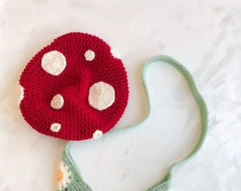 Mushroom Crochet Beret ~ Cute Red hat perfect for all year round! Fairycore, cottagecore.