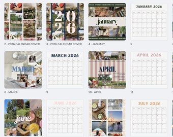 May include: A collection of 2026 calendars, each featuring a different month. The covers and monthly pages display various images and text, including "January," "February," "March," "April," "May," "June," and "July." The calendars are designed with a collage aesthetic.