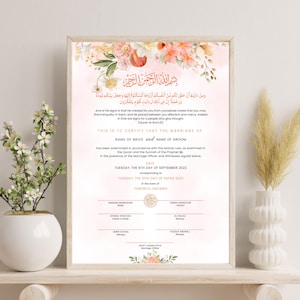 Pfirsich Blumen Islamische Heiratsurkunde | Nikkah Vertrag Vorlage zum Ausdrucken | Muslimische Hochzeit PDF | Nikah Dekor #CL037