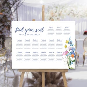 Plano de asientos para boda con diseño floral (91 x 61 cm) / Plantilla de letrero de recepción con flores silvestres en acuarela / Descarga digital editable e imprimible #CL034