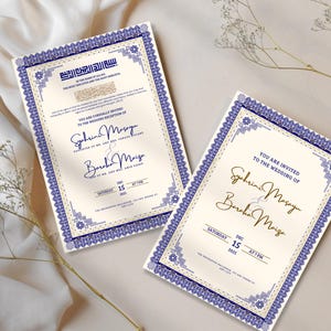 Faire-part de mariage islamique bleu marine • Modèle numérique Nikkah du Moyen-Orient • Carte Walima de mariage musulman • PDF modifiable à télécharger #CL017