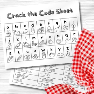 Puede incluir: Dos hojas de papel blancas con el texto "Crack the Code Sheet" y una cuadrícula de letras e imágenes correspondientes. Un paño a cuadros rojos y blancos está en la esquina. Las hojas son para una actividad infantil.