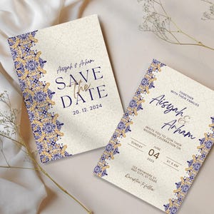 Modèle d'invitation de mariage islamique | Motif mosaïque bleu et or | Réservez la date + carte Nikah | Musulmane numérique à télécharger PDF #CL020