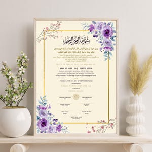 Certificado de Nikah Islámico editable - Descarga digital personalizable - Recuerdo de boda musulmana - Impresión floral de matrimonio coránico - Morado #CL014