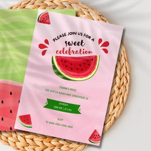 Invitation premier anniversaire pastèque - Modèle de fête modifiable doux été pour bébé fille ou garçon - Invitation imprimable en téléchargement numérique