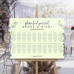 Blaue Blumen Hochzeit Sitzplan Vorlage, leichtes botanisches druckbares Schild, bearbeitbarer Gasttischplan, sofortiger Download #CL012