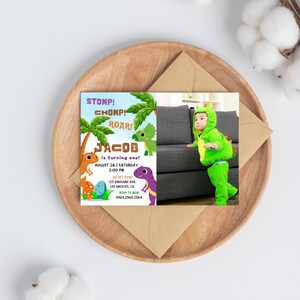 Convite de aniversário de dinossauro – Stomp Chomp Roar Convite editável de 1º aniversário para meninos – Modelo de festa de dinossauro para impressão com design divertido