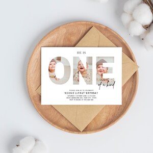 Convite exclusivo para o primeiro aniversário – Convite editável para o primeiro aniversário de meninos – Modelo exclusivo para impressão – Design divertido para comemoração