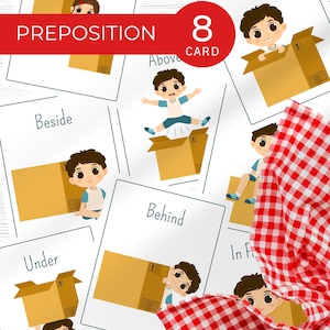 May include: Educational flashcards featuring illustrations of children interacting with cardboard boxes to teach prepositions. The cards include words like "Between," "In," "Above," "Beside," "Behind," and "Under." A red banner reads "PREPOSITION 8 CARD."