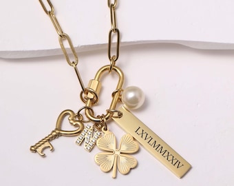 Custom Charm Necklace: Gold Carabiner, Birthstone, Initial