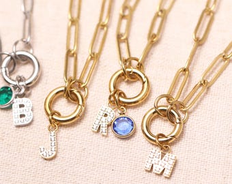 Custom Initial Carabiner Necklace: Gold Paperclip Chain, Birthstone Charm