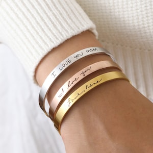 Handwriting Engraved Cuff Bracelet: Stainless Steel Keepsake