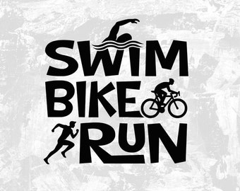 May include: Black and white graphic design with the text "Swim Bike Run" and silhouettes of a swimmer, cyclist, and runner.