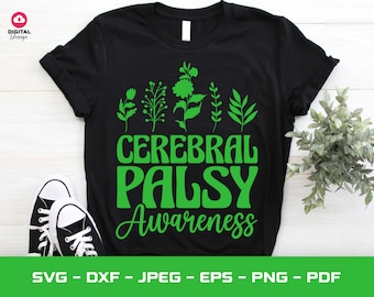 May include: Black t-shirt with green text and floral designs that reads "Cerebral Palsy Awareness".