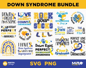 May include: A collection of 12 colorful digital designs featuring text and graphics related to Down Syndrome Awareness. The designs include phrases like "Down Right Awesome", "Love Doesn't Count Chromosomes", "Rock Your Socks", "World Down Syndrome Day", "Down Right Perfect", "Just a Little Extra", "The Lucky Few", "Down Right Amazing", "Perfect Love is Made with 21 Chromosomes", and "I Have Down Syndrome, What's Your Superpower?"