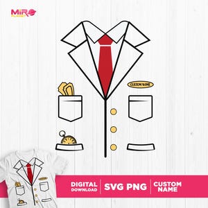 Może przedstawiać: Biały zarys marynarki z czerwonym krawatem, kieszonkowym zegarkiem i etykietą z nazwą "CUSTOM NAME".