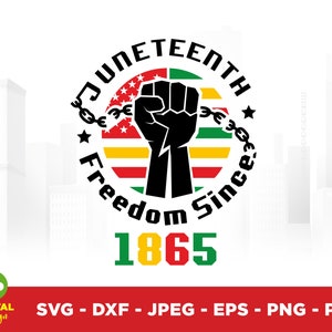以下が含まれることがあります： 黒い拳が上昇するグラフィックデザインで、「Juneteenth Freedom Since 1865」の文字が囲んでいます。赤、黄、緑のストライプ、鎖、星がデザインに含まれており、1865年は緑、黄、赤で表示されています。