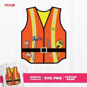 Può includere: Gilet da lavoro arancione e giallo con cintura nera e strumenti, tra cui un martello, una chiave inglese, un cacciavite e un metro a nastro. Il gilet ha il testo "CUSTOM NAME" su di esso.