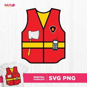 Può includere: Giubbotto da pompiere rosso e giallo con un'ascia nera, un walkie-talkie nero e un emblema di fuoco rosso e giallo. Download digitale SVG PNG.