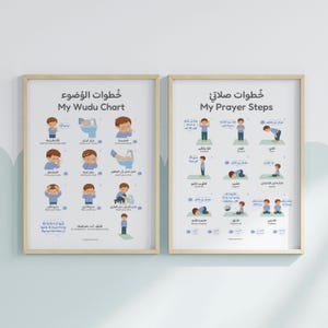 Puede incluir: Dos carteles educativos enmarcados. El cartel de la izquierda se titula "My Wudu Chart" e ilustra los pasos de la ablución. El cartel de la derecha, "My Prayer Steps", muestra las etapas de la oración. Ambos presentan ilustraciones de dibujos animados y texto árabe.