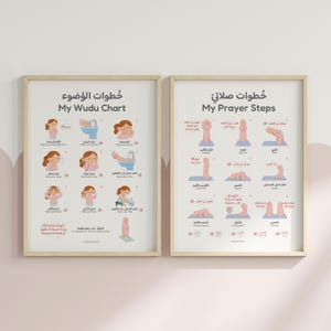 Puede incluir: Dos carteles educativos enmarcados. El cartel de la izquierda, "My Wudu Chart", ilustra los pasos de la ablución con texto e ilustraciones en árabe. El cartel de la derecha, "My Prayer Steps", muestra las posiciones de oración con texto e ilustraciones en árabe. Ambos carteles tienen un marco de madera clara.