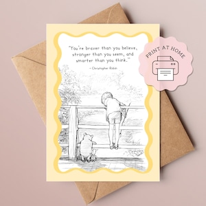 Cartão de incentivo positivo para o primeiro dia de aula do Ursinho Pooh para impressão, Citação inspiradora do Ursinho Pooh, Christopher Robin, Imprima em casa