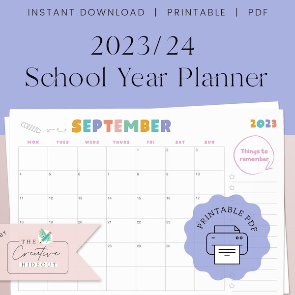 2023/2024 School Year Planner Printable | Academic Calendar | September to August | School Year Calendar | Monthly Calendar | Back to School
