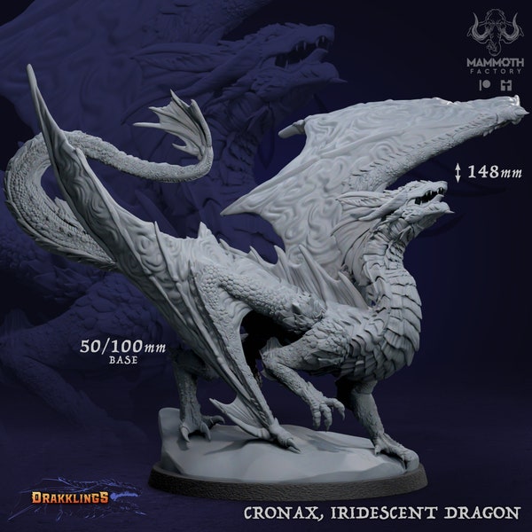 Cronax, The Iridescent Dragon (50mm/100mm base) Moonstone, Emerald, Gem Dragon - 8K resin miniature - Printable statblock available!