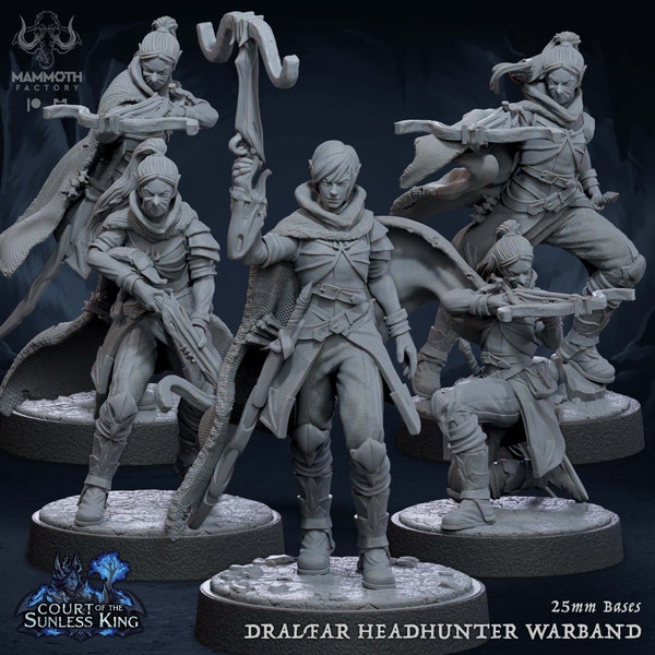 Dralfar (Drow / Elfo Oscuro) Headhunter (4 poses + líder!) - Miniatura de resina 8K